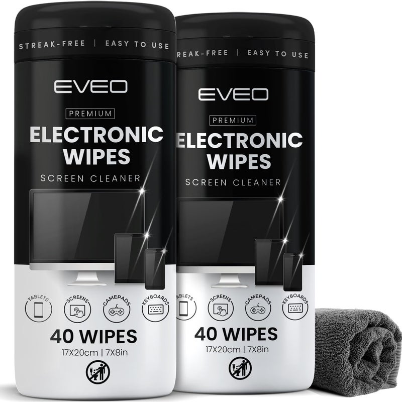 EVEO Electronic Wipes Screen Cleaner Streak-Free [2 Pack x40] Computer Screen Wipes, TV Screen Cleaner Wipes, Monitor Wipes for Smart TV, Laptop, iPhone, ipad and more - [Microfiber Cloth + 80 Wipes] - Image 1